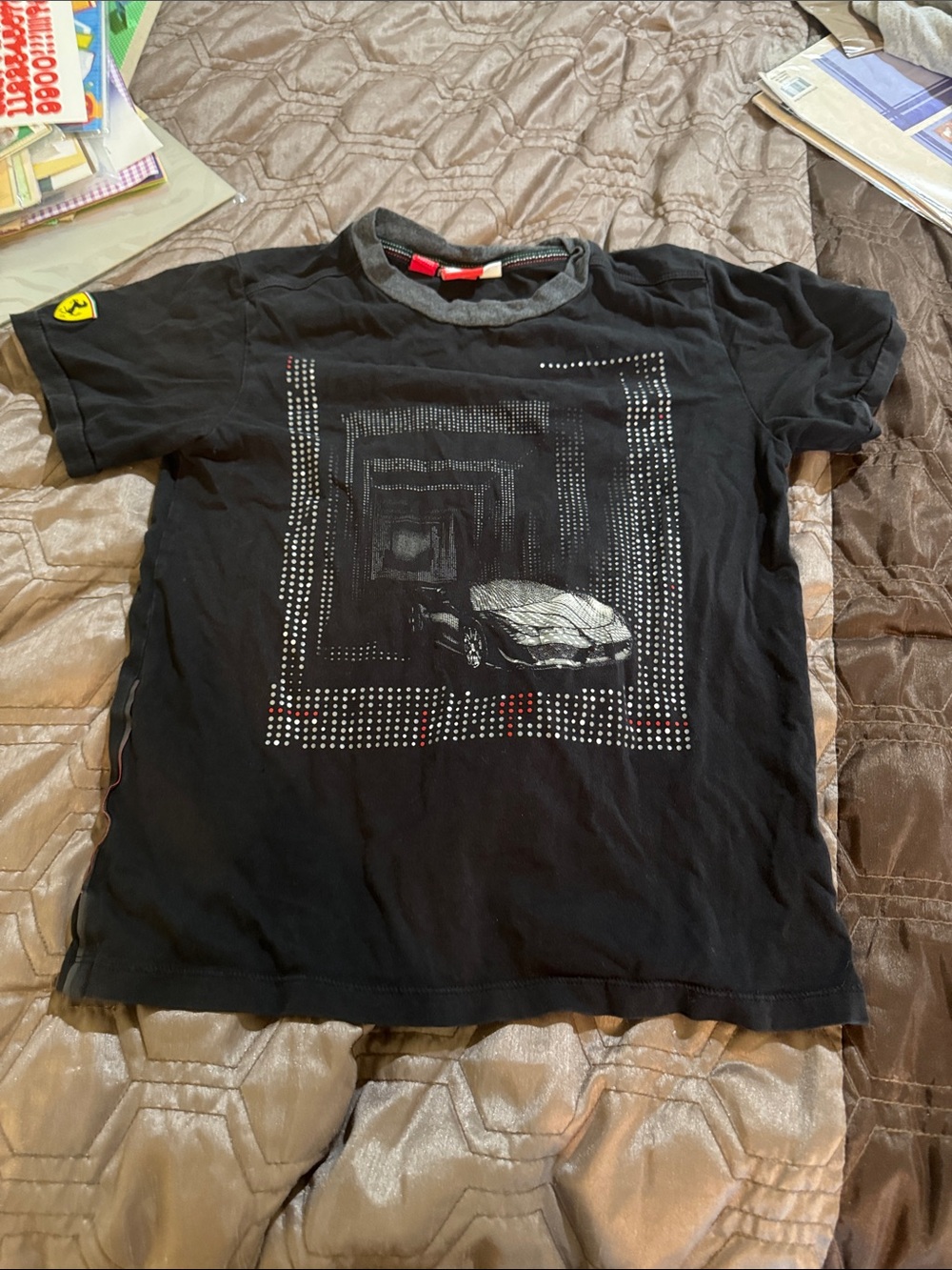 Ferrari Black Short Sleeve Kids Tee with Car Graphic and Red Accents